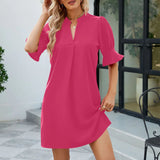 Notched Neck Flounce Sleeve Mini Dress Hot Pink