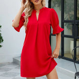 Notched Neck Flounce Sleeve Mini Dress Red