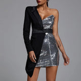 One Shoulder Sequin Blazer Dress Silver