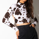 Printed Mock Neck Crop Top Cow Print