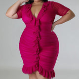 Plus Size Draped V-Neck Ruffle Midi Dress Pink