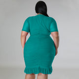 Plus Size Draped V-Neck Ruffle Midi Dress Green