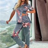 Satin Short Sleeve Pants Sleepwear Set