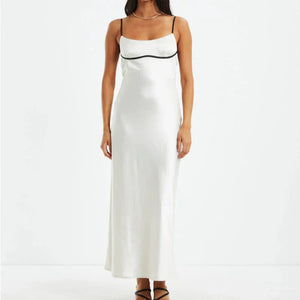 Black Trim Backless Lace-up Sling Maxi Dress White