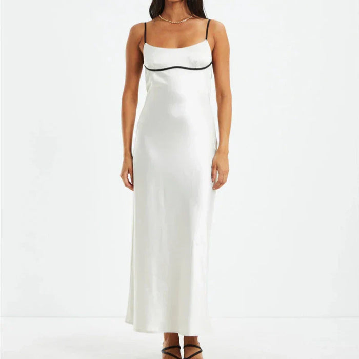 Black Trim Backless Lace-up Sling Maxi Dress White