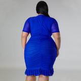 Plus Size Draped V-Neck Ruffle Midi Dress Blue