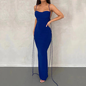 Slip Sheath Solid Ruched Maxi Dress Royal Blue