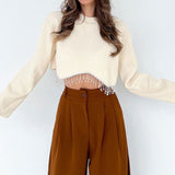 Rhinestone Tassel Loose Crop Sweater Cream