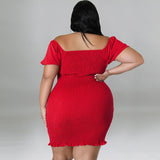 Plus Size Off Shoulder Front Drawstring Midi Dress Red