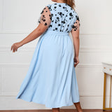 Plus Size Lace Short Sleeve Floral Print Midi Dress Blue