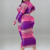 Plus Size Tie Dye Striped Long Sleeve Bodycon Dress Purple