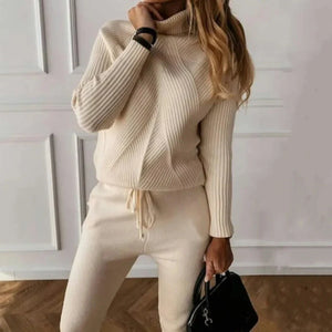 2-Piece Knitted Cross Striped Turtleneck and Sweatpants Set