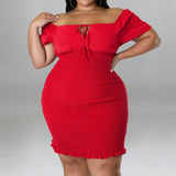 Plus Size Off Shoulder Front Drawstring Midi Dress Red