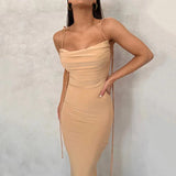 Slip Sheath Solid Ruched Maxi Dress Beige