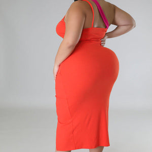 Plus Size Two Tone One Shoulder Ruched Midi Dress Pink