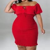 Plus Size Off Shoulder Front Drawstring Midi Dress Red