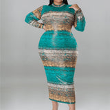 Plus Size Tie Dye Striped Long Sleeve Bodycon Dress Teal