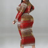 Plus Size Tie Dye Striped Long Sleeve Bodycon Dress Red