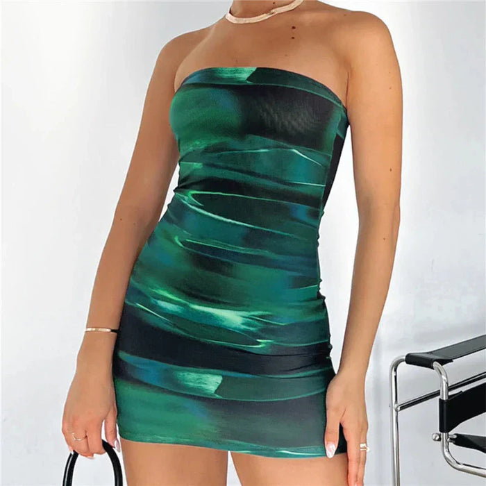 Strapless Tube Mini Tie Dye Print Bandeau Dress Green