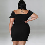 Plus Size Off Shoulder Front Drawstring Midi Dress Black