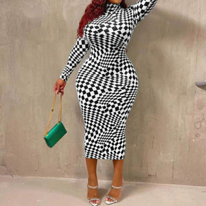 Plus Size Mock Neck Long Sleeve Checkered Midi Dress Black