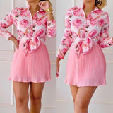 2-Piece Floral Print Top and Mini Pleated Skirt Matching Set Pink Floral