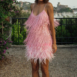 Sleeveless Fringed Sequin Feathered Mini Dress Pink