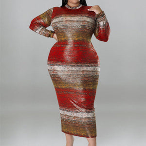 Plus Size Tie Dye Striped Long Sleeve Bodycon Dress Red