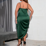 Plus Size Sleeveless Ruched Satin Midi Dress Green