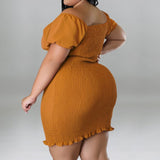 Plus Size Off Shoulder Front Drawstring Midi Dress Mustard