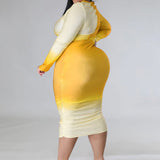 Plus Size Long Sleeve Two Tone Bodycon Midi Dress Yellow