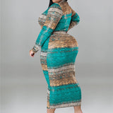 Plus Size Tie Dye Striped Long Sleeve Bodycon Dress Teal