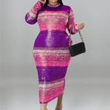 Plus Size Tie Dye Striped Long Sleeve Bodycon Dress Purple