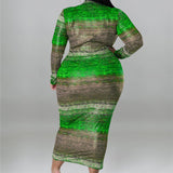 Plus Size Tie Dye Striped Long Sleeve Bodycon Dress Green