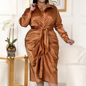 Plus Size Long Sleeve Satin Blouse Ruched Midi Dress Bronze