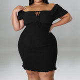 Plus Size Off Shoulder Front Drawstring Midi Dress Black