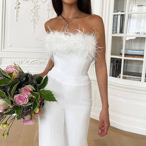 Feathered Flared Jumpsuit White