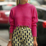 Distressed Cotton Knit Pullover Crop Sweater Pink