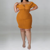 Plus Size Off Shoulder Front Drawstring Midi Dress Mustard