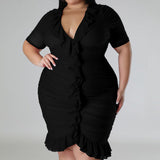 Plus Size Draped V-Neck Ruffle Midi Dress Black