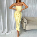 Strapless Satin Maxi Dress Yellow