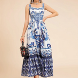 Porcelain Print A-Line Maxi Dress Blue