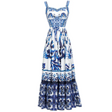 Porcelain Print A-Line Maxi Dress Blue