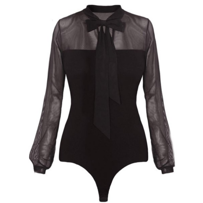 Bow Collar Long Sleeve Bodysuit Black