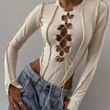 Long Sleeve Ribbed Knitted Bodysuit Beige