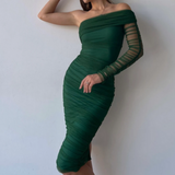 One Shoulder Long Sleeve Mesh Midi Dress Green