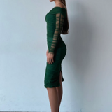 One Shoulder Long Sleeve Mesh Midi Dress Green