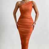 Double Layer Ruched Mesh Midi Dress Orange