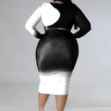 Plus Size Long Sleeve Two Tone Bodycon Midi Dress Black