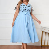 Plus Size Lace Short Sleeve Floral Print Midi Dress Blue